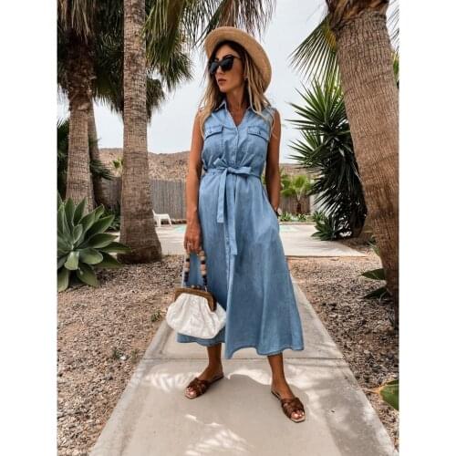 Plus Size Women Clothing Womens Foreign Trade Casual Lapel Sleeveless Studded Buttoned Open Chest Waist Belted Denim Dress