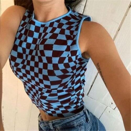 Y2K Crop Top Women Sleeveless Knitted Vest Plaid Printed Summer Tank Top Women Streetwear Aesthetic Cute Shirts Amisas De Mujer
