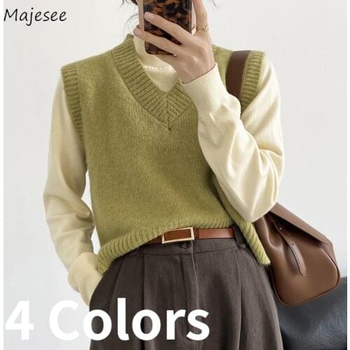 Sweaters Vests Women Spring Solid Knitting V-neck Retro Elegant Lady Korean Style Modern Trendy Simple All-match Tops Female Ins