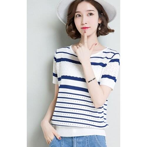 2019 Summer Women Tops Pullover Striped Short Sleeve Ladies Fashion Yellow Cool Pull Femme Hiver New Arrival Jumper Knitwear