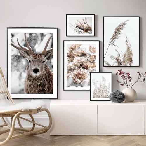 Bouquet Wall Art Animal Canvas Painting Hydrangea Twig Nordic Prints Deer Landscape For Posters Aesthetic Room Decor Pictures