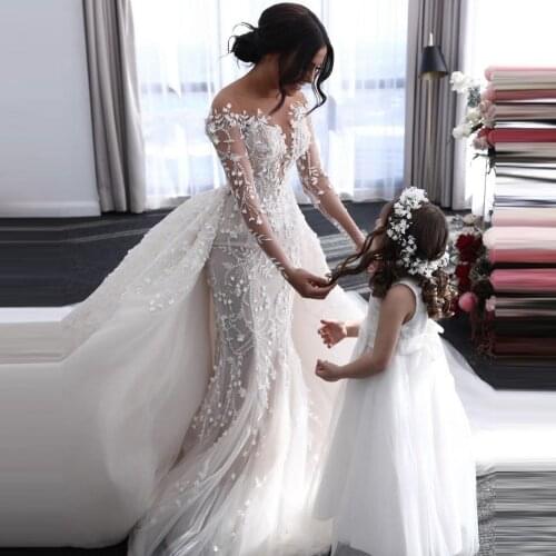 Floral Lace Wedding Dresses Mermaid Shape With Tulle Overskirt Long Sleeves Extra Puffy Bridal Wedding Dressing Gowns
