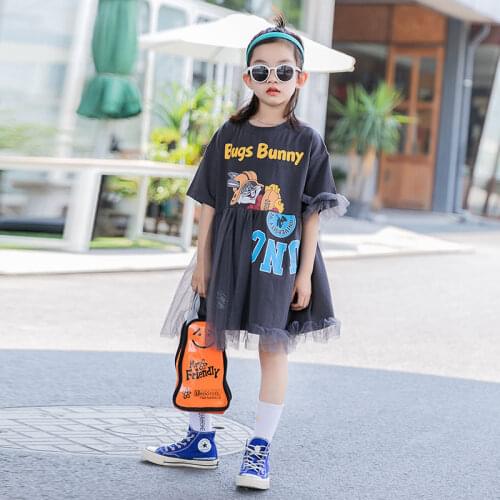 Girls Mesh Patchwork Cartoon Fashion Summer Baby Dress 8 10 12 years New Korean Style Kids Outfit Autumn