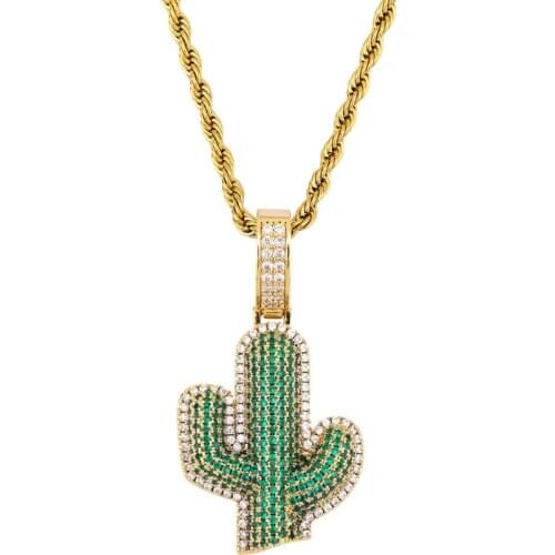 DNSCHIC Cactus Styling Pendant Hip Hop Personality Solid Pendant Mens Women Full Zircon Necklace Hip Hop Jewelry Gift