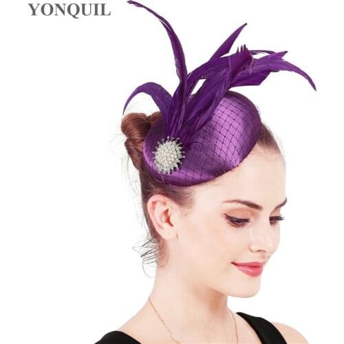 Satin Purple Fascinator Hats Bride Mesh Feather Millinery Elegant Female Party Dinner Headpiece Fashion Headwear Accessories