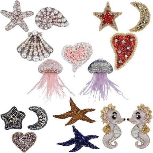 Exquisite Handmade Rhinestone Beaded Sequin Patches Heart Moon Sea Star Shell Jellyfish Badge Sew on Crystal Clothing Applique