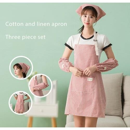 YPINN Household Cotton And Linen Kitchen Apron Japanese Style Apron Three-piece Suit Protect Hair/arms/clothes