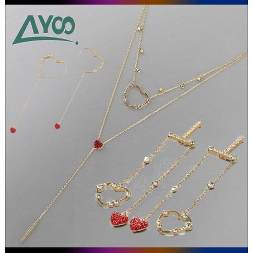 Fashion Jewelry High Quality SWA Charm Jewelry Romantic Golden Heart Shaped Crystal Tassel Red Love Heart Earrings Female