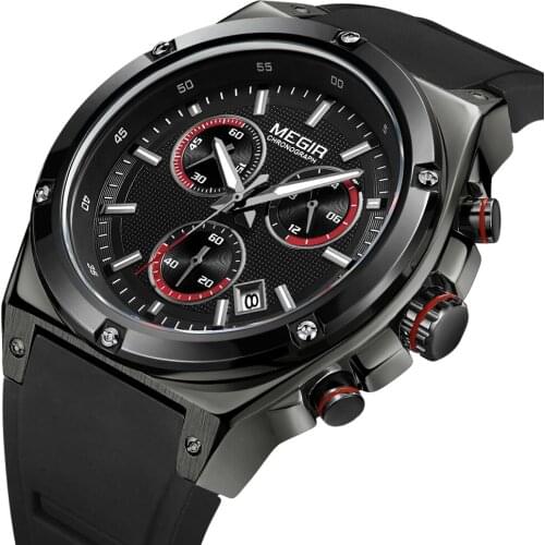 Megir Mens Chronograph Analog Quartz Watch with Date Sports Army Military Waterproof Silicone Rubber Strap Wristswatch for Man