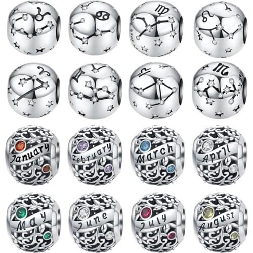 Genuine 100% 925 sterling silver twelve constellation charm birthstone beads fit bracelet bangle charms DIY woman jewelry making