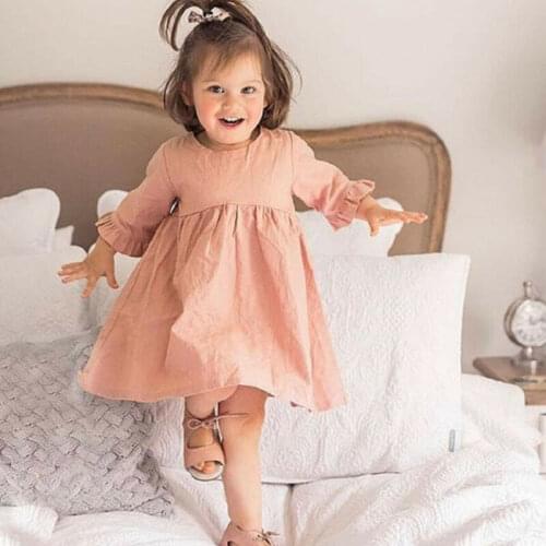 New Fashion Toddler Baby Girl Casual Solid Clothes Short Sleeve Dress Loose Cotton Linen Dresses