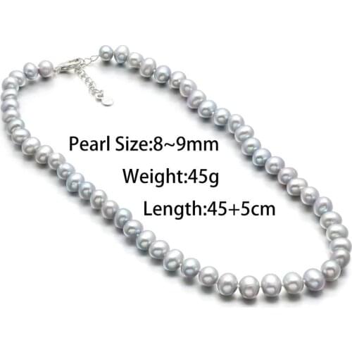 Pure Natural Freshwater Pearl Necklace For Woman Gray Potato Shaped Elegant And Simple Style Seed : 8-9mm Chain : 45+5cm