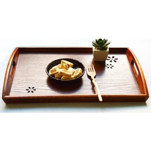 Japan style Solid Wooden Pallet with Handle Serving Tray with Hollow Follow Rectangular For Home/Hotel/Dinner