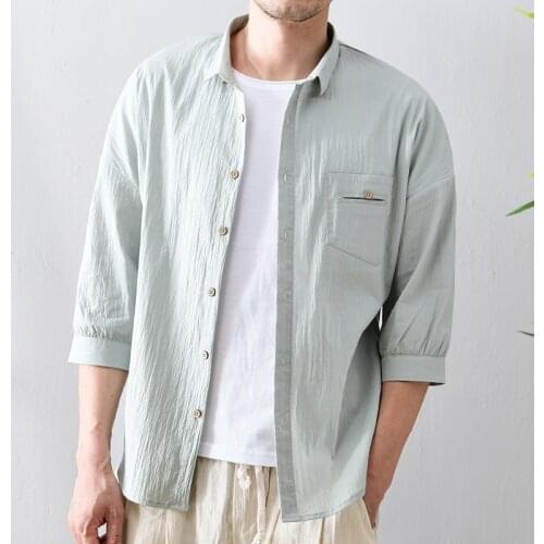 031 Shirts For Men Japan Style Thin Casual Simple Youth Breathable Half Sleeve Pocket Loose Drop Shoulder Summer Lapel Blouse
