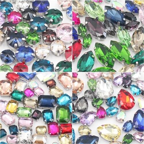 Mix Color Mix Size Sew On Rhinestones 50pcs/lot Glass Crystals Silver Metal Claw Base Sewing Handwork Rhinestones For Clothes