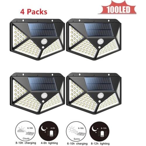 100LED Outdoor Solar Wall Light PIR Motion Sensor Solar Lamp Waterproof Infrared Sensor Garden Light 4 sided 270°lighting scope