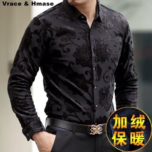 High-end gold velvet warm thick carved boutique long sleeve shirt 2018 Autumn&Winter fashion trends quality men shirt M-XXXL