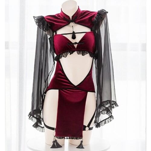 Japanese Cute Lolita Sleepwear Set Evil Demon Cosplay Costumes Sexy Anime Lingerie for Women Dark Maid Temptation Lace Dress