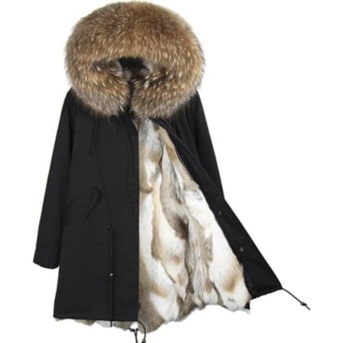 2021 New Parka Real Fur Coat Detachable Parka Winter Jacket Women Natural Raccoon Fur Collar Warm Thick Rabbit Fur Liner