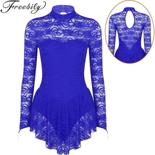 Women Long Sleeve Lace Ballet Gymnastics Leotard Adult Figure Ice Skating Dress Competition Stage Lyrical Dance Costumes