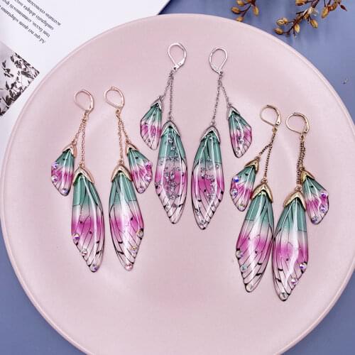 Pink Green Gradient Resin Double Butterfly Wing Drop Earrings for Women Shiny Flake Crystal Simulation Wing Earrings Jewelry