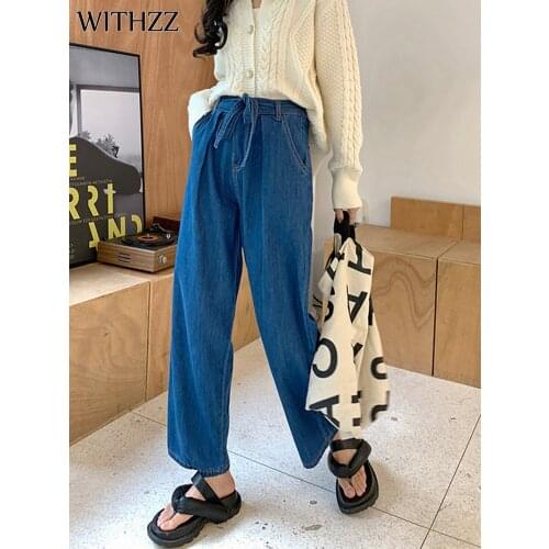 WITHZZ Spring Autumn Women Loose Elastic Waist Tie Straight Pants Denim Casual High Waist Female Jeans