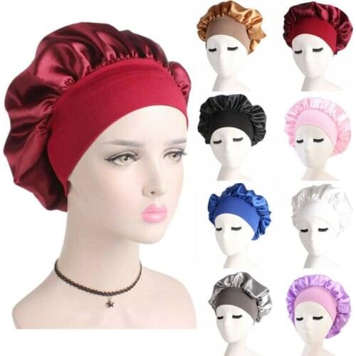 2020 Women Satin Bonnet Cap Night Sleep Hair Protect Head Cover Wide Band Adjust Hats