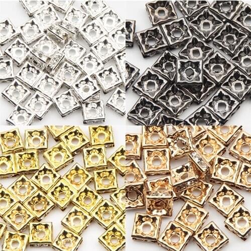 Gold Silver Color Square Rhinestone Rondelles Crystal Spacer Beads For Jewelry Making DIY Bracelet Necklace 50pcs 6/7/8/10mm
