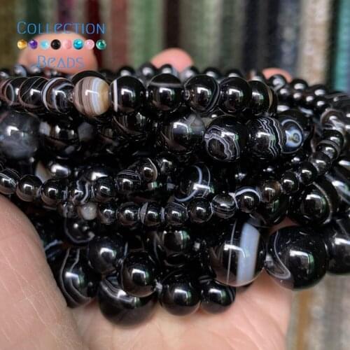 Natural Black Stripe Agates Stone Spacer Loose Round Beads For Jewelry Making 4-12 mm Diy Bracelets Accessories 15" Wholesale