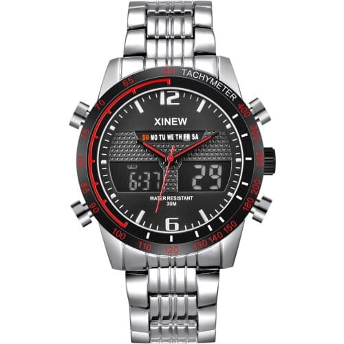 Stainless Steel Dual Time Analog Digital Fashion Design Watches Men Large Dial Waterproof Casual LED Watch Relogio Masculno Male