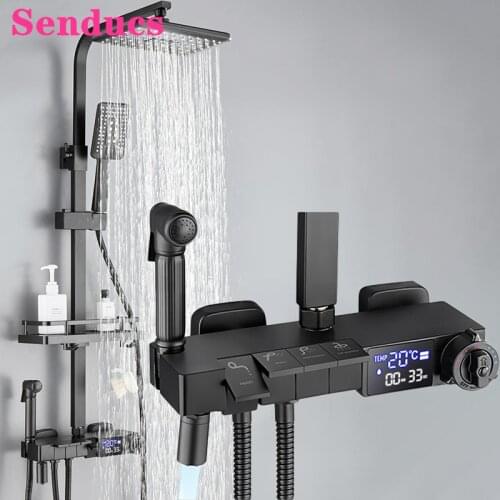 Digital Piano Bathroom Shower Set Luxury Matte Black Thermostatic Shower System Faucets Rainfall Music Digital Bath Shower Sets