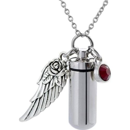 Angel Wing Memorial Urn Necklace cylinder Cremation Keepsake Pendant Birthstone crystal Stainless Steel Funeral Ash Locket