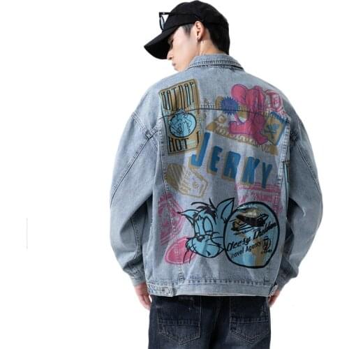Cartoon Graffiti Cat Mouse Print Denim Jacket Men And Women Couple Spring Autumn Streetwear Casual Loose Outerwear
