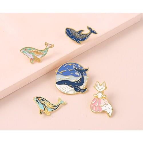 Dream Ocean Mermaid Whale Enamel Pin Whale Brooches Cat Aniaml Art Metal Badges Bag Clothes Pins Up Jewelry Gifts Wholesale