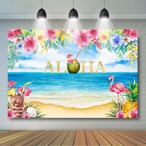 Flamingo Aloha Backdrop Tropical Summer Hawaiian Beach Background Birthday Wedding Hawaiian Party Decor