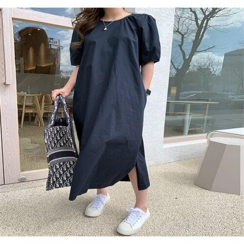 Korean Summer Solid Color Loose Pullover Short-sleeved Dress Lazy Skirt Long Skirt