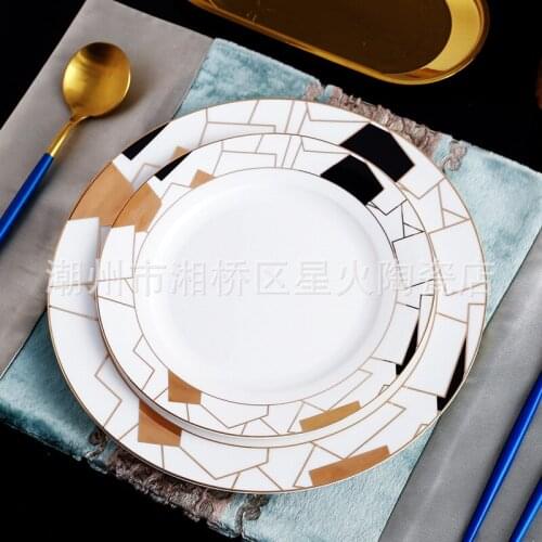Creative ceramic black gold dish tableware set household ceramic round model steak plate Western food plate table
