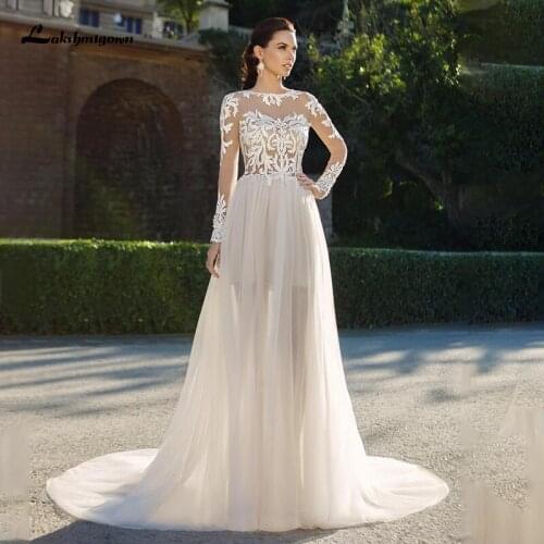 Lakshmigown Long Sleeve Beach Wedding Dresses vestido de novia 2021 Lace A-line Tulle Bridal Gown Applique Wedding Dress O-Neck