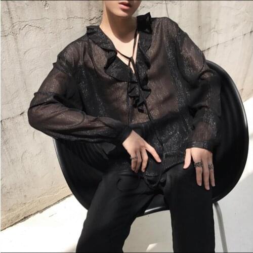 Summer Temperament Lace V-neck Silver Silk Sunscreen Smoking Style Long Sleeve Shirts Men And Women Same Shirt Singer Costume