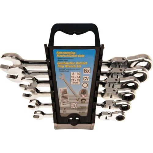 Ratchet Wrench 6 Piece Set Flexible Heads 8 to 19 mm Ring Spanner 90 Degree Rotateable Head High Gloss Chrome Plated