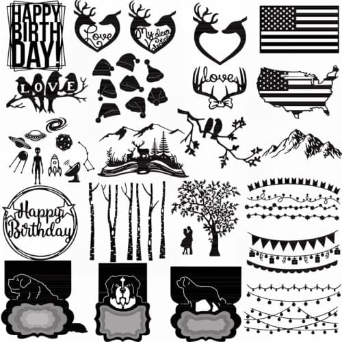 Cutting Dies Set Love Elk Head Bird Treetop Mountain Peak Dog Dialogue Frame Happy Birthday Mini Banner Line Border DIY Craft