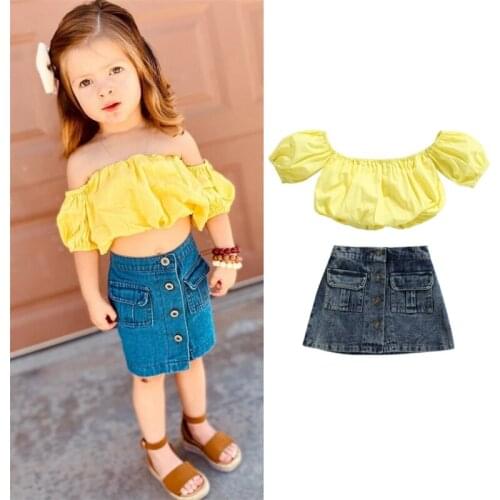 1-6Y Summer Newly Fashion Children Kids Girls Clothes Sets Casual Solid Off Shoulder Crop Tops Pocket Denim Skirts Outfits