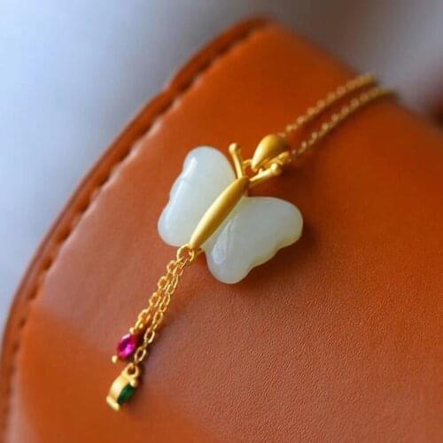 Ancient gold craftsmanship inlaid zircon natural Hetian jade butterfly tassel necklace pendant exquisite ladies silver jewelry