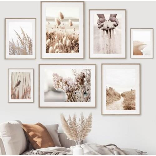 Beach Sand Grass Reed Bird Highland Cow Wall Art Canvas Painting Nordic Posters And Prints Wall Pictures For Living Room Decor