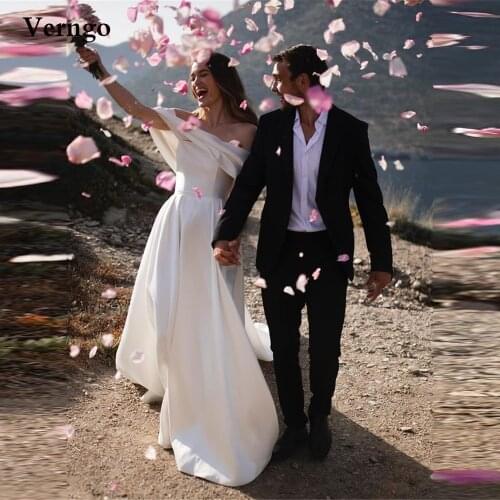 Verngo 2021 Simple Silk Satin A Line Wedding Dresses Off the Shoulder Sleeves Long Train Korea Bridal Gown With Bow Low Back