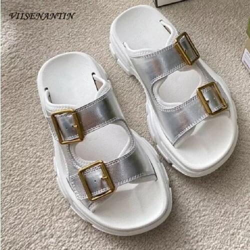 Summer new style leather silver metal square buckle thick bottom neutral casual all-match Roman style sports slippers women
