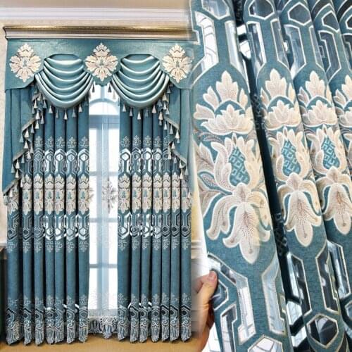Dark blue European and American embroidery decoration elegant villa living room curtains high quality curtains for bedroom hotel