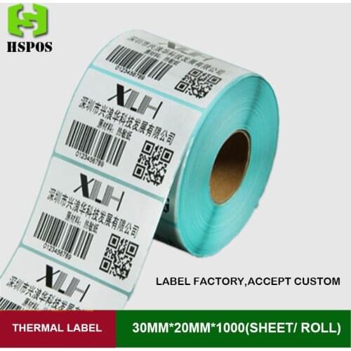 Thermal barcode label sticker 30mmx20mm 1000pcs one roll can customized logo white blank paper self adhesive printing papel