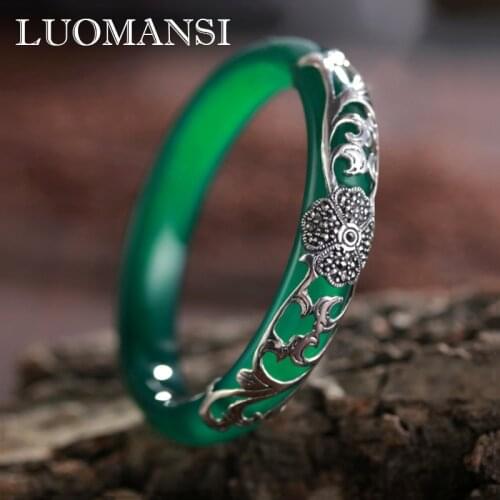 Luomansi Vintage S925 Sterling Silver Natural Agate Chalcedony Jade Bangle Gift for the Elders