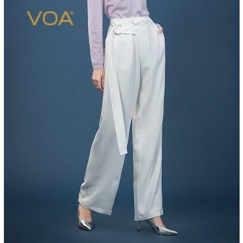 VOA White Real Silk 60mm Sky Natural Waist Horizontal Button Metal Semicircular Ring Ribbon Simple Straight-leg Pants K1252